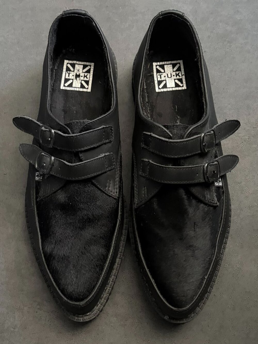 TUK Black Leather & Cowhair 2-Buckle Pointed Creeper - US: Men 11 / Women 13